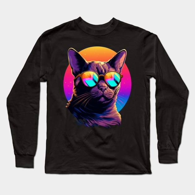 Retro Wave Burmese Cat Shirt Long Sleeve T-Shirt by Miami Neon Designs